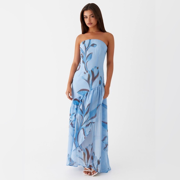 NWT Solaris Strapless Maxi Blue Floral Dress Size US 2 - Picture 2 of 9